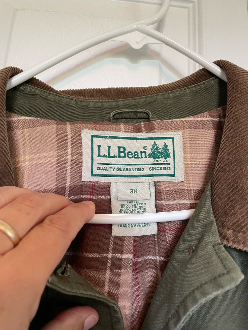 L.L. Bean 3XL Olive Green Field Barn Chore Jacket plaid lined Corduroy Collar - Picture 2 of 13